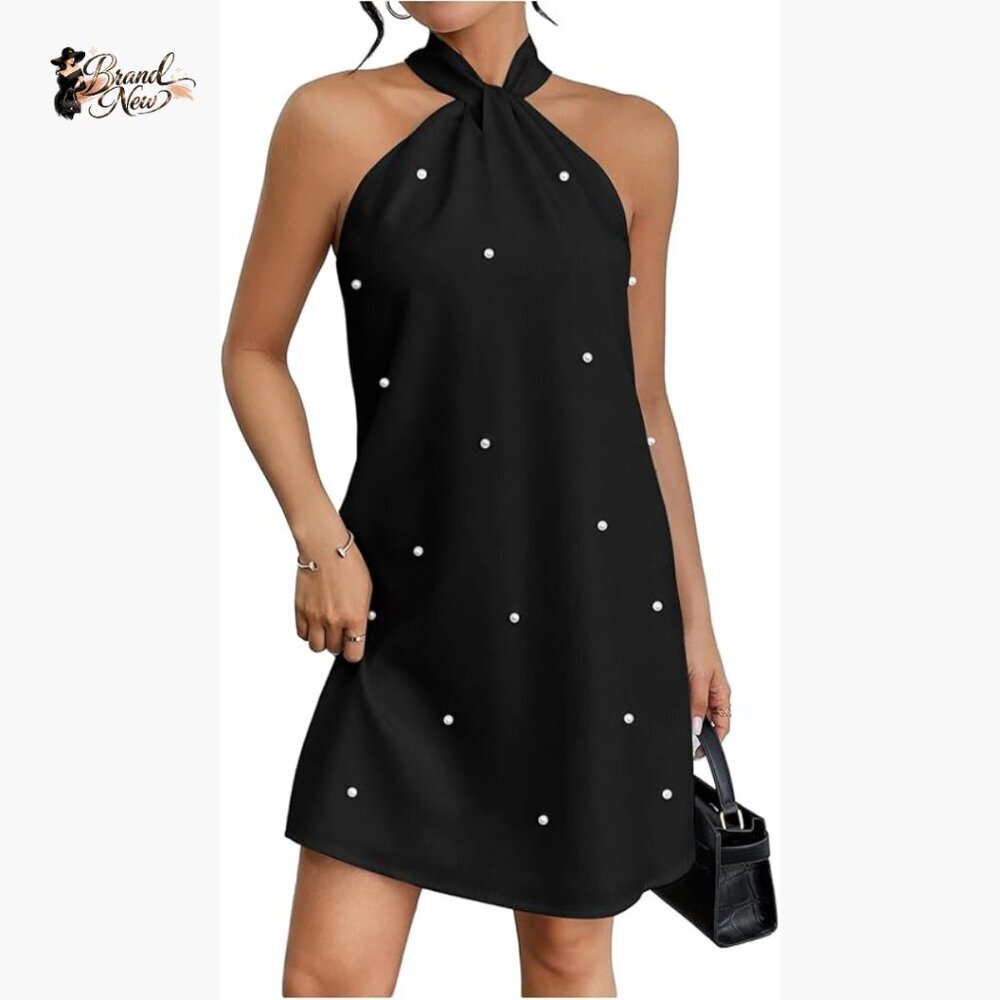 Pearl Beaded Halter Tie Back A-Line Midi Dress Sleeveless Casual